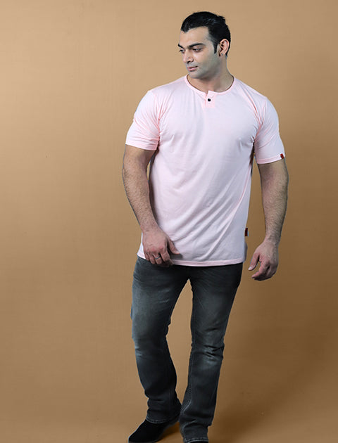 Peach Color Half Sleeve Unisex Casual Regular fit T-Shirt Henley Neck Single Button - Saabu mode