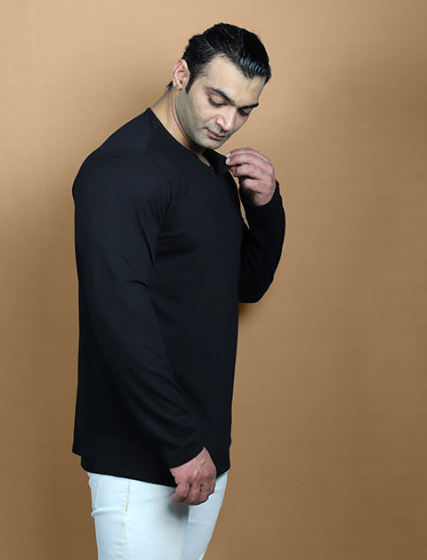 Black Color Full Sleeve Unisex Casual Regular fit T-Shirt Henley Neck Single Button - Saabu mode