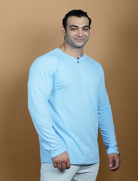 Light Blue Color Full Sleeve Unisex Casual Regular fit T-Shirt Henley Neck Single Button - Saabu mode