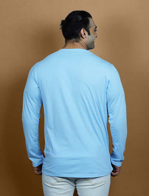 Light Blue Color Full Sleeve Unisex Casual Regular fit T-Shirt Henley Neck Single Button - Saabu mode