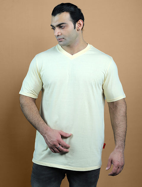 Light Yellow Color Half Sleeve Unisex Casual Regular fit T-Shirt V - Neck - Saabu mode