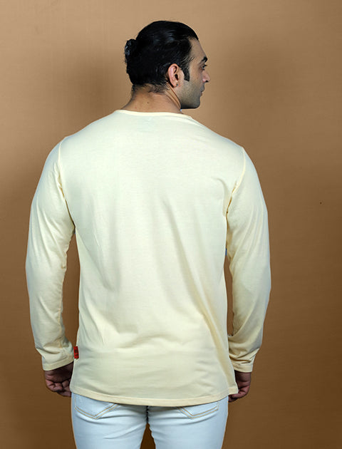 Light Yellow Color Full Sleeve Unisex Casual Regular fit T-Shirt Henley Neck Single Button - Saabu mode