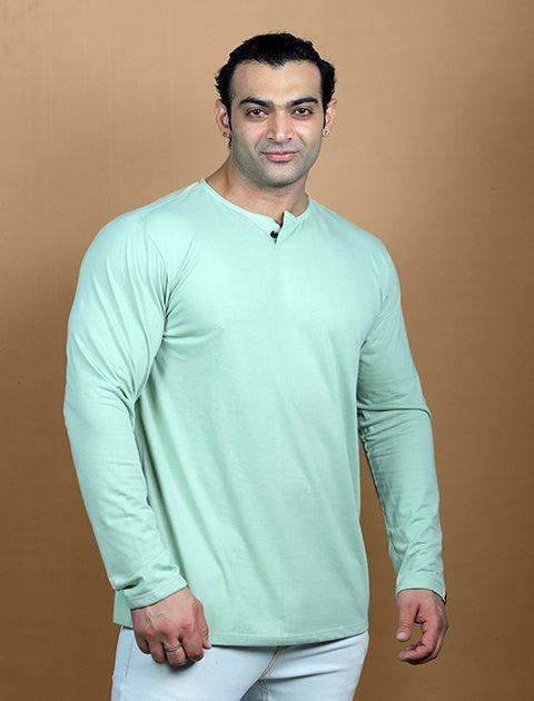 Light Green Full Sleeve Unisex Casual Regular fit T-Shirt Henley Neck Single Button - Saabu mode