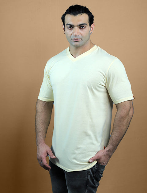 Light Yellow Color Half Sleeve Unisex Casual Regular fit T-Shirt V - Neck - Saabu mode