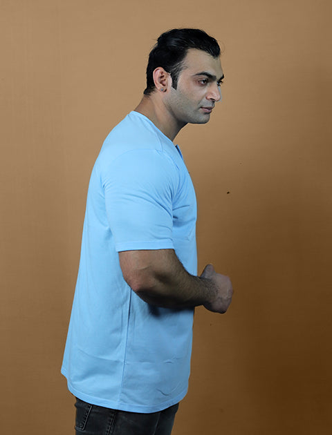 Light Blue Color Half Sleeve Unisex Casual Regular fit T-Shirt Henley Neck Single Button - Saabu mode