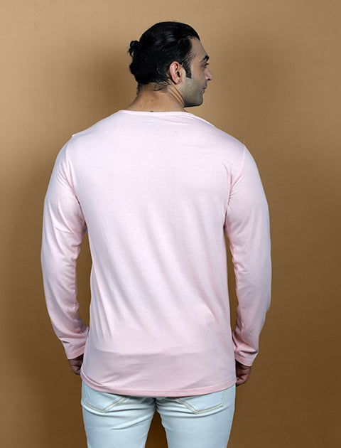 Peach Color Full Sleeve Unisex Casual Regular fit T-Shirt Henley Neck Single Button - Saabu mode
