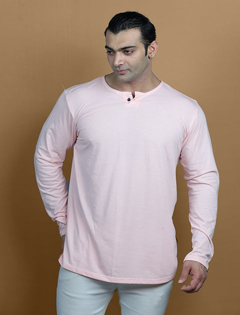 Peach Color Full Sleeve Unisex Casual Regular fit T-Shirt Henley Neck Single Button - Saabu mode