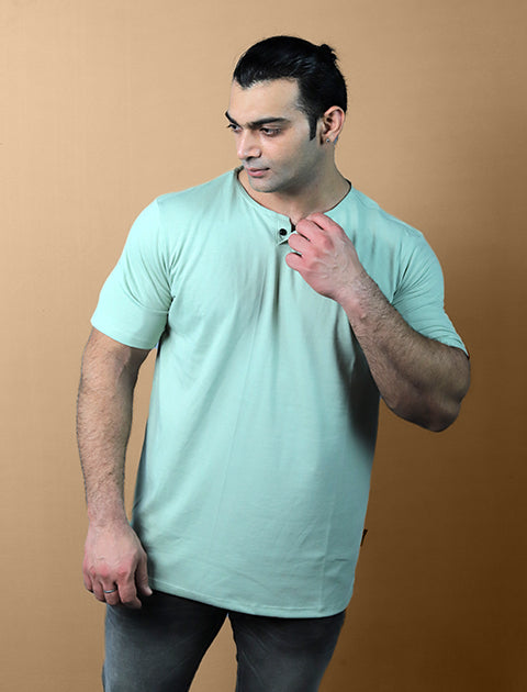 Light Green Half Sleeve Unisex Casual Regular fit T-Shirt Henley Neck Single Button - Saabu mode
