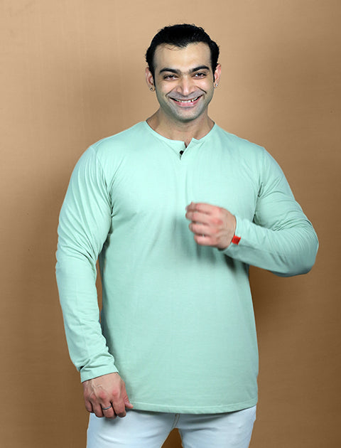 Light Green Full Sleeve Unisex Casual Regular fit T-Shirt Henley Neck Single Button - Saabu mode