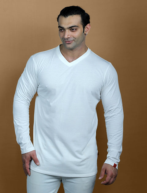 White Color Full Sleeve Unisex Casual Regular fit T-Shirt V - Neck