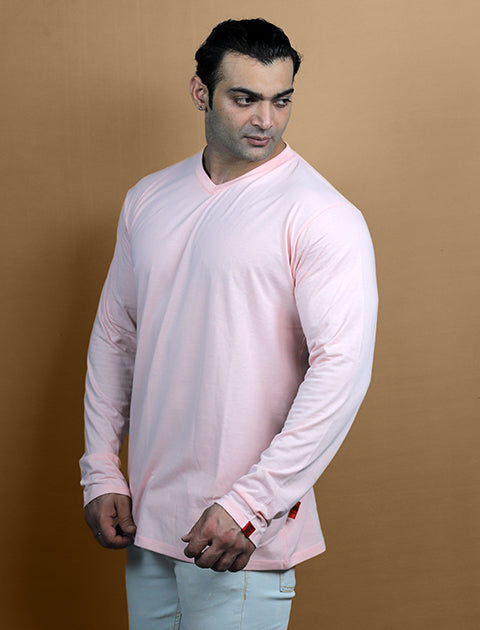Peach Color Full Sleeve Unisex Casual Regular fit T-Shirt V - Neck