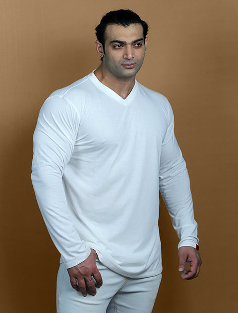 White Color Full Sleeve Unisex Casual Regular fit T-Shirt V - Neck