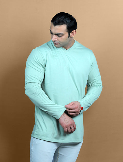 Light Green Full Sleeve Unisex Casual Regular fit T-Shirt V - Neck
