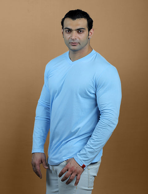 Light Blue Color Full Sleeve Unisex Casual Regular fit T-Shirt V - Neck