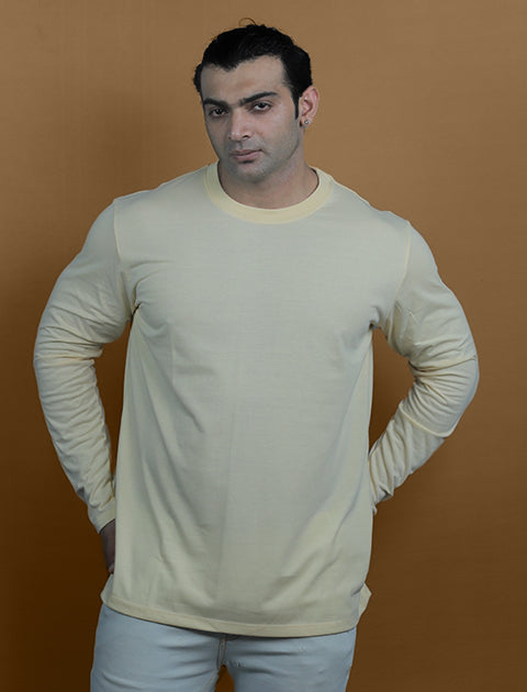 Light Yellow Color Full Sleeve Unisex Casual Regular fit T-Shirt Crew Neck