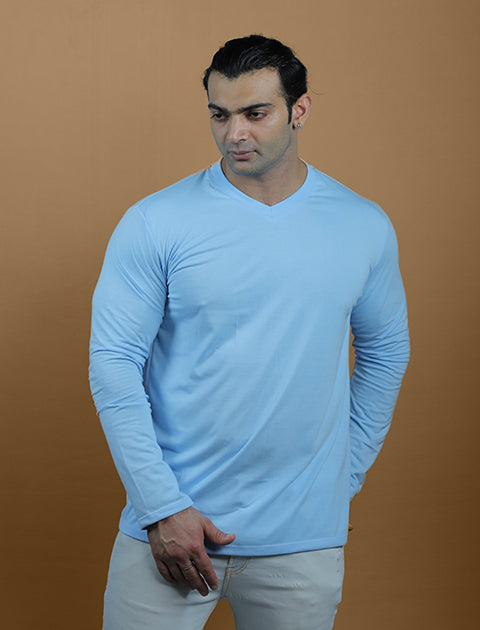 Light Blue Color Full Sleeve Unisex Casual Regular fit T-Shirt V - Neck