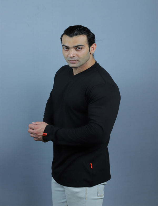 Black Color Full Sleeve Unisex Casual Regular fit T-Shirt V - Neck - Saabu mode